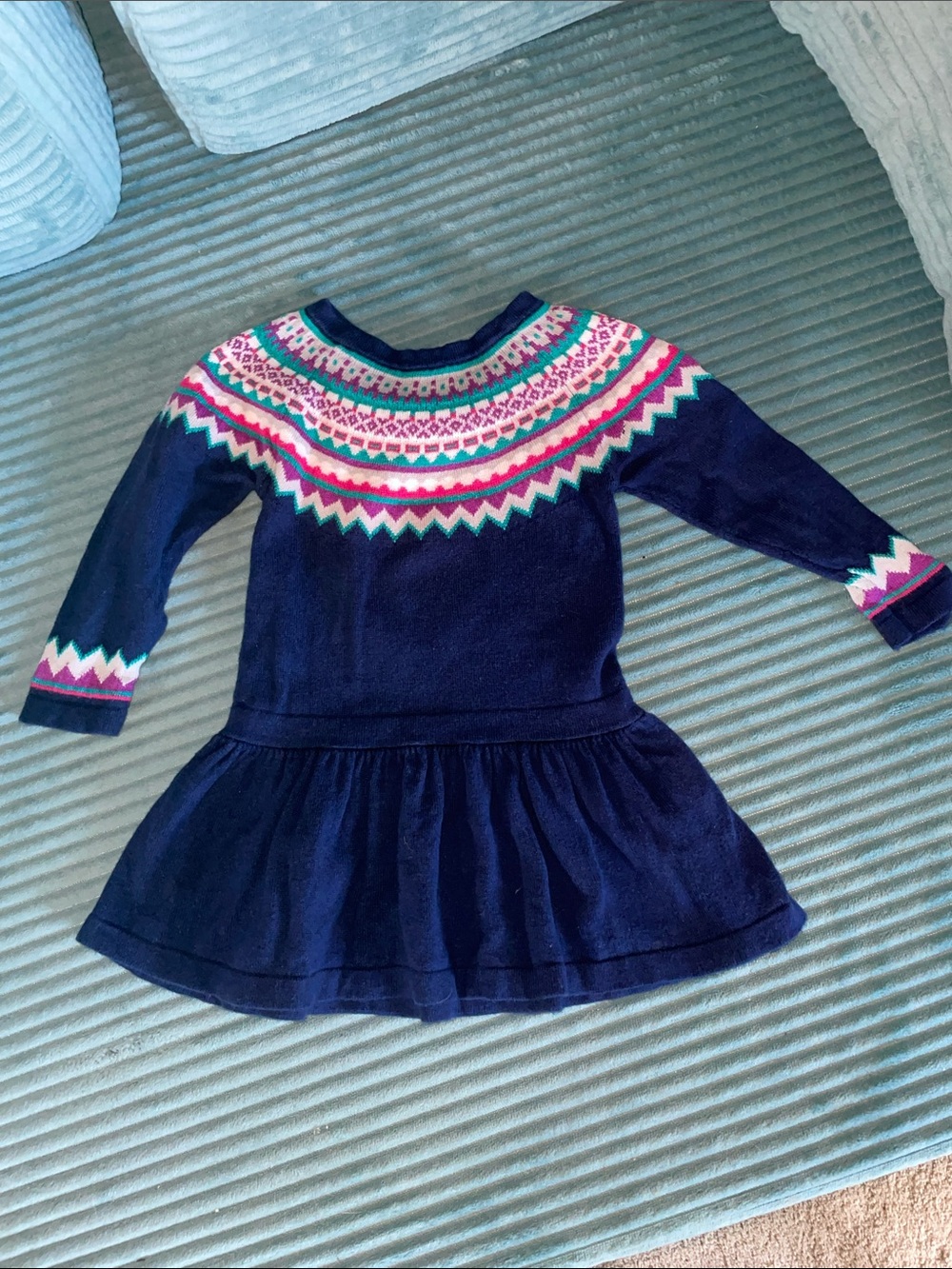 Cherokee size 12 months dark blue cotton sweater dress w/colorful print accents